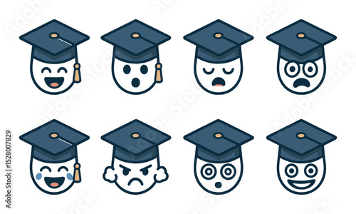 Funny grad cap expressions isometric set. cap laughing, cap surprised, cap sleepy, cap scared, cap crying with joy, cap angry puff, cap with spinning eyes.