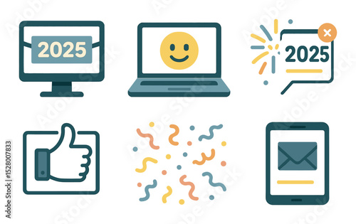 Class of 2025 digital graphics isometric set. screen with banner, laptop emoji, digital fireworks, celebration pop-up, virtual thumbs up, confetti overlay.