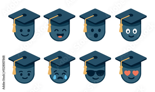 Animated grad cap with emotions isometric set. smiling cap, winking cap, laughing cap, surprised cap, proud cap, crying cap, cool cap with glasses, cap