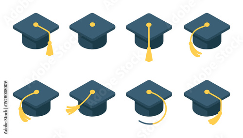 Tassel positions on cap isometric set. tassel on right side, tassel on left side, centered tassel, tassel mid-swing, flipped tassel, tassel blowing in wind