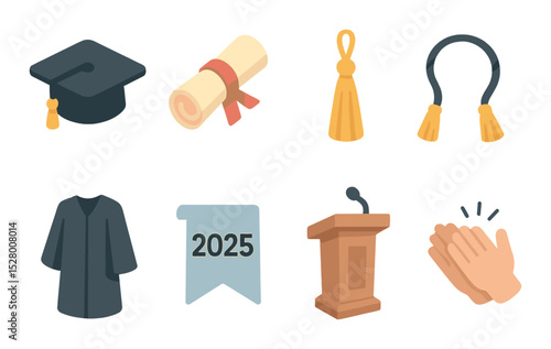 Graduation day essentials isometric set. graduation cap, diploma scroll, tassel, honor cord, academic gown, 2025 banner, stage podium, clapping hands
