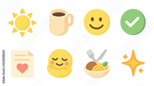 Everyday gratitude isometric set. morning sun, coffee mug, smiley face, checkmark, grateful note, hug emoji, shared meal, spark icon