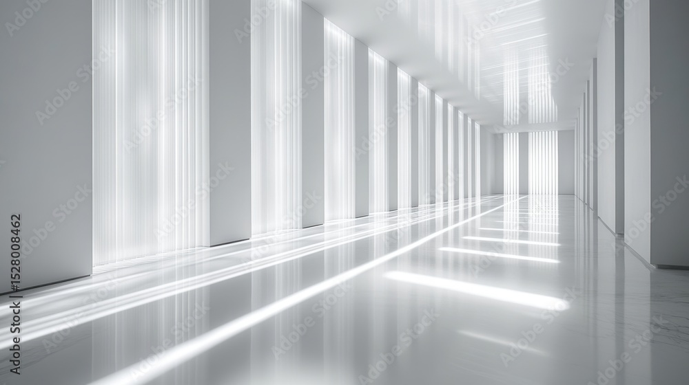 Fototapeta premium Sunlight illuminating empty white corridor with vertical blinds and shiny floor