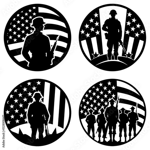 Silhouette soldiers in circles with american flag backdrop honoring military service and patriotic sacrifice