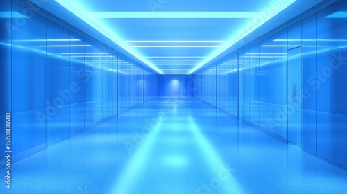 Empty futuristic corridor with blue lighting reflecting on glass walls