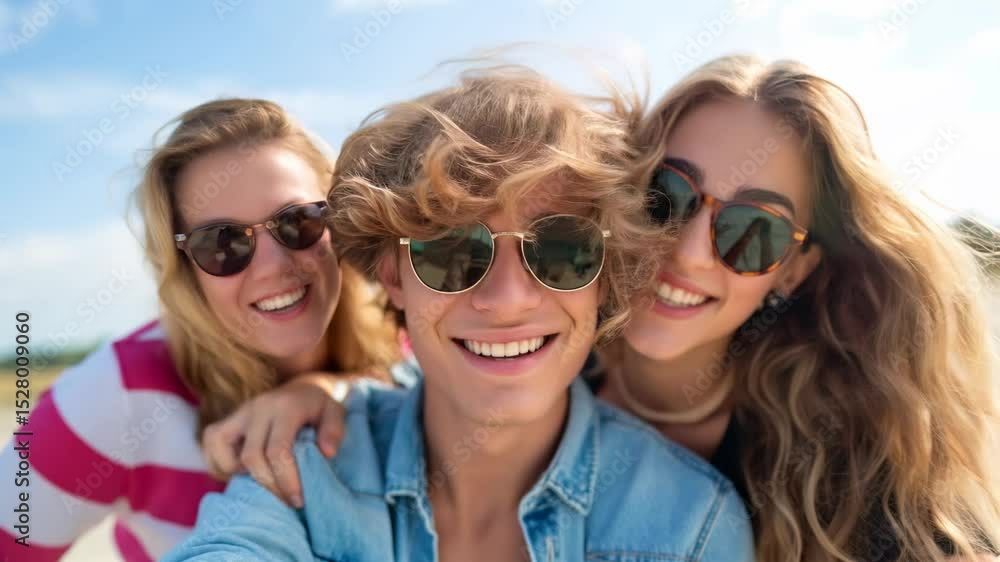 Three cheerful friends wearing sunglasses are smiling and enjoying their time together on a sunny day, capturing a joyful moment of friendship and togetherness Three cheerful friends wearing sunglasses are smiling and enjoying their time together on a sunny day, capturing a joyful moment of friendship and togetherness