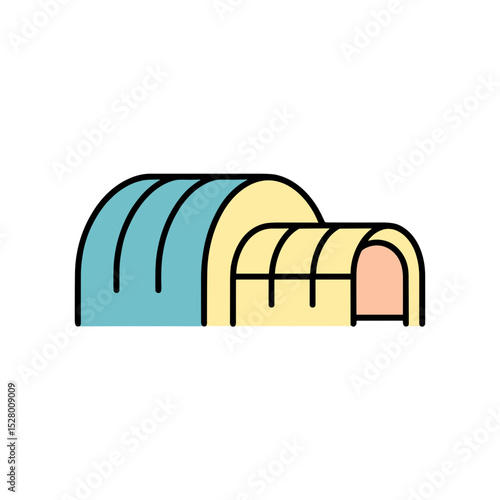 Colorful baseball dugouts with curved roofs on a field  