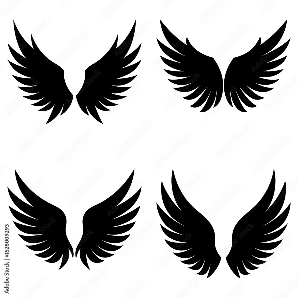 Fototapeta premium Four pairs of black wings displayed in an arrangement on a white background in a symmetrical pattern
