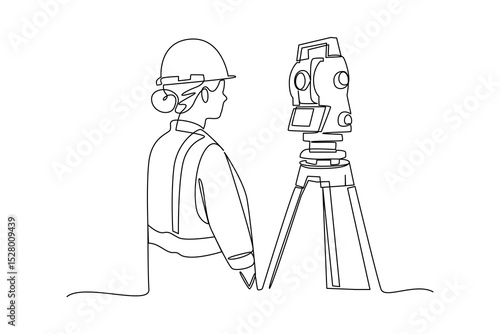 Simple continuous line drawing of surveyor engineer setting equipment. Engineer minimalist concept. Surveyor engineers with equipment, theodolite or total positioning station on the construction site