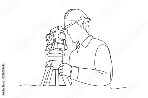 Simple continuous line drawing of surveyor engineer setting equipment. Engineer minimalist concept. Surveyor engineers with equipment, theodolite or total positioning station on the construction site