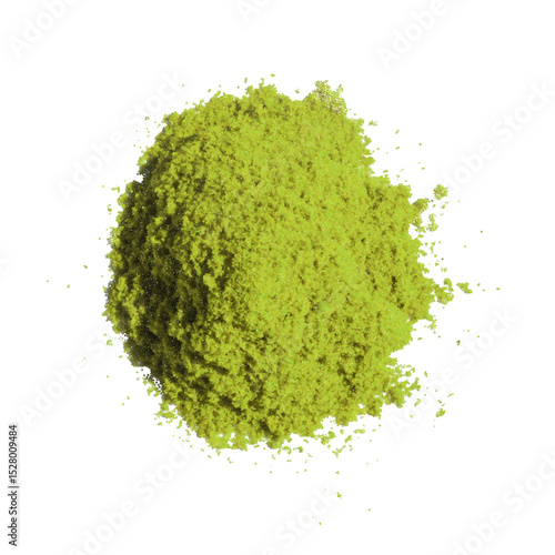 Matcha green tea powder on white background. Organic sencha herb heap shows healthy asian lifestyle drink. Ground chlorella splash creates natural zen food ingredient look.