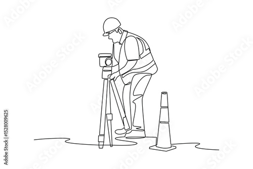 Simple continuous line drawing of surveyor engineer setting equipment. Engineer minimalist concept. Surveyor engineers with equipment, theodolite or total positioning station on the construction site