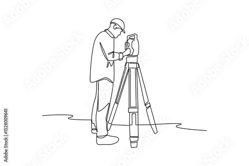 Simple continuous line drawing of surveyor engineer setting equipment. Engineer minimalist concept. Surveyor engineers with equipment, theodolite or total positioning station on the construction site