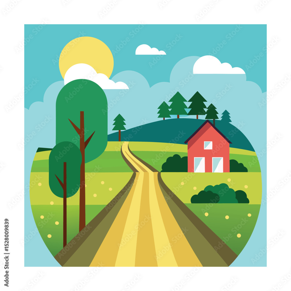 Fototapeta premium Flat Vector Countryside Landscape with House, Road, and Trees