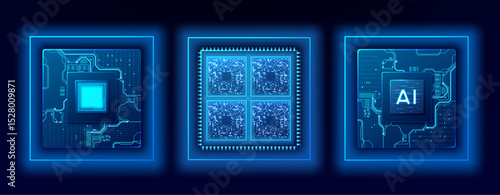 Digital AI chip, semiconductor, and CPU on dark blue technology background. Tech microchips set with circuit board components. Artificial Intelligence innovation and computer electronics concept. 