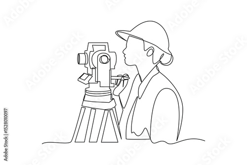 Simple continuous line drawing of surveyor engineer setting equipment. Engineer minimalist concept. Surveyor engineers with equipment, theodolite or total positioning station on the construction site