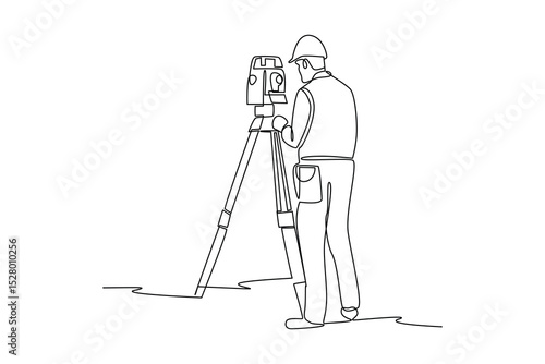 Simple continuous line drawing of surveyor engineer setting equipment. Engineer minimalist concept. Surveyor engineers with equipment, theodolite or total positioning station on the construction site