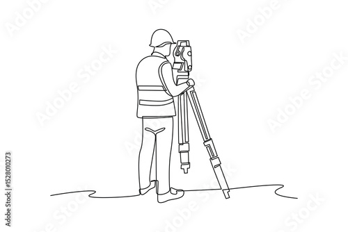 Simple continuous line drawing of surveyor engineer setting equipment. Engineer minimalist concept. Surveyor engineers with equipment, theodolite or total positioning station on the construction site