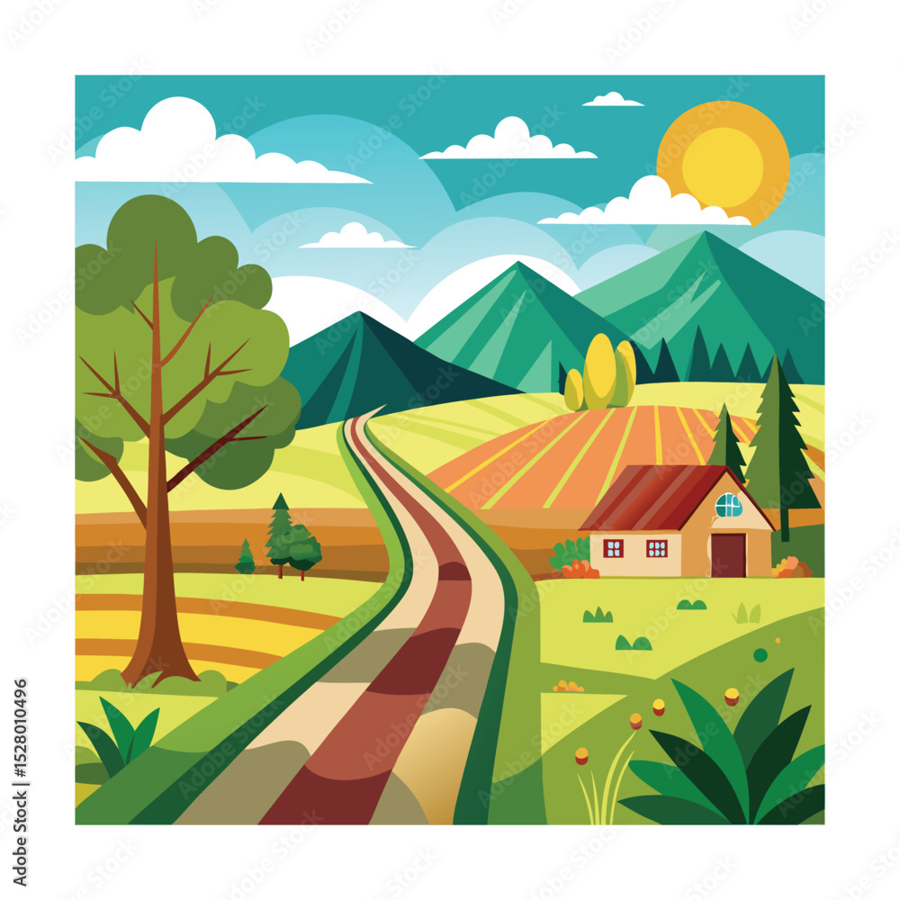 Naklejka premium Colorful Countryside Landscape Illustration with House and Mountains