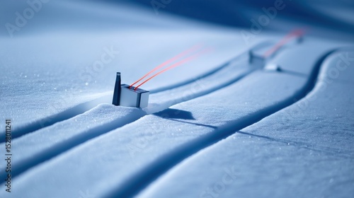 Closeup of sleek avalanche sensors embedded in the snow with ski tracks nearby demonstrating advanced technology designed to monitor avalanche risks in real time.
