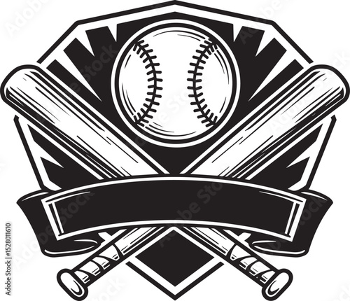 Baseball Sports Logo: Crossed Bats, Ball, Shield, and Editable Ribbon
