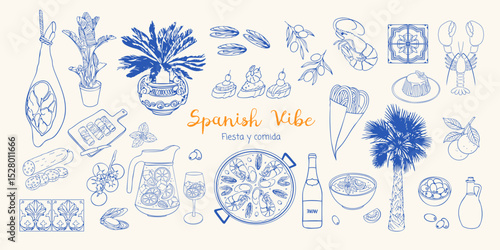 Spanish vibe set in sketch style. Hand drawn Mediterranean food, paella, sangria, tapas, gazpacho, churros, chorizo, jamon. Coastal collection for card, prints, wedding, menus design.
