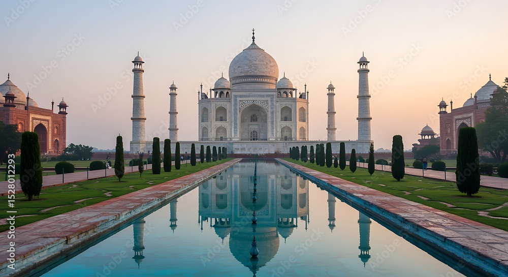 Obraz premium Majestic Taj Mahal at Sunrise A Symbol of Love and Architectural Grandeur