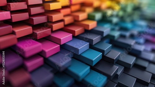 An abstract visualization of colorful blocks arranged in gradient patterns, showcasing depth and perspective; ideal for illustrating concepts of diversity and modernity in design.