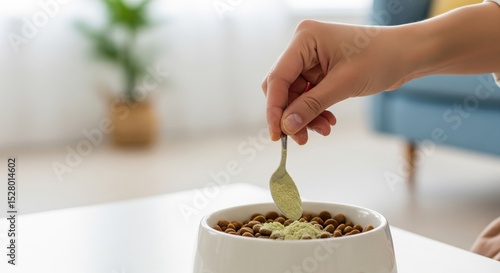 Hand adding green powder supplement to dry pet food in white bowl