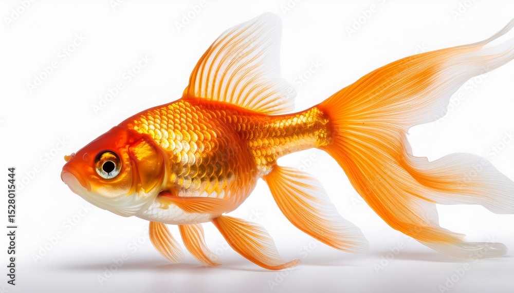 a vibrant goldfish swimming gracefully showcasing its delicate fins and shimmering scales against a white isolated background a vibrant goldfish swimming gracefully showcasing its delicate fins and shimmering scales against a white isolated background