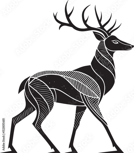 Majestic Stag Silhouette: A regal stag, rendered in a stark black silhouette, its magnificent antlers commanding attention against a bright background.