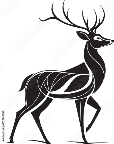 Majestic Stag Silhouette: A regal stag, rendered in a stark black silhouette, its magnificent antlers commanding attention against a bright background.