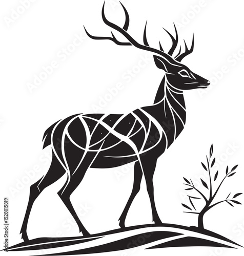 Majestic Stag Silhouette: A regal stag, rendered in a stark black silhouette, its magnificent antlers commanding attention against a bright background.