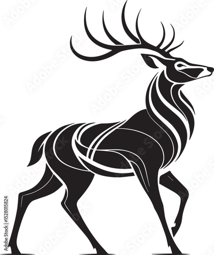Majestic Stag Silhouette: A regal stag, rendered in a stark black silhouette, its magnificent antlers commanding attention against a bright background.