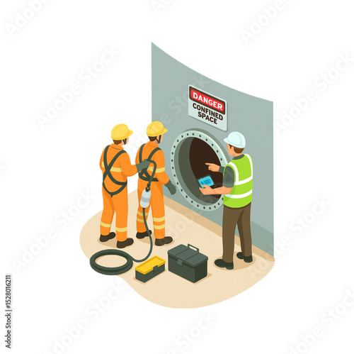 Three workers in safety gear prepare to enter a confined space.  One uses a tablet, highlighting industrial safety protocols and technological integration in confined space entry.