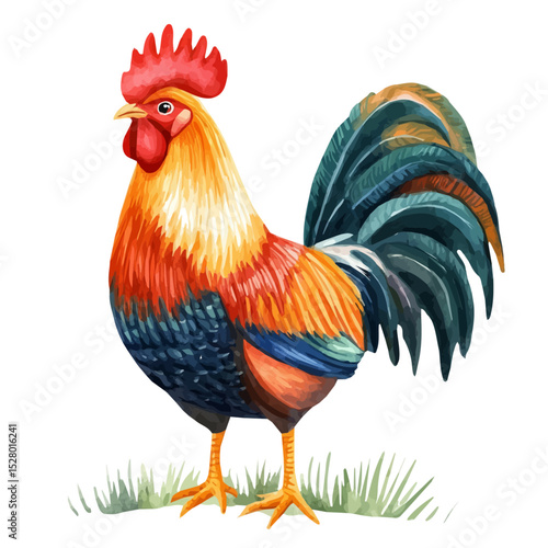 Rooster, watercolor clipart vector, high quality, isolated on a white background.