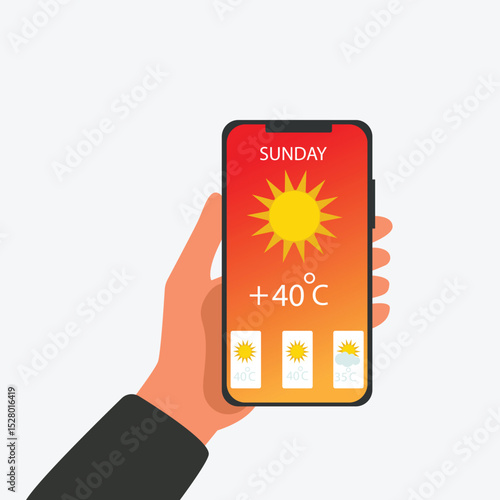 Hand holding smartphone sunny weather forecast on the phone screen with a weather forecast icon vector illustration.