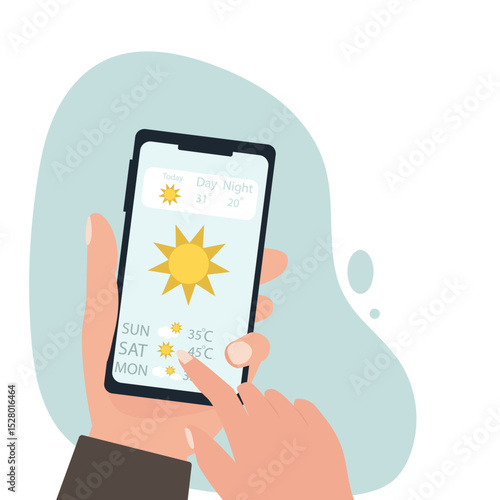 Hand holding smartphone sunny weather forecast on the phone screen with a weather forecast icon vector illustration.