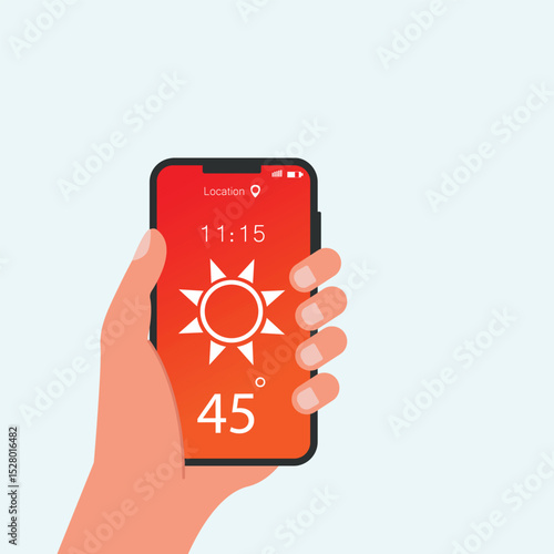 Hand holding smartphone sunny weather forecast on the phone screen with a weather forecast icon vector illustration.