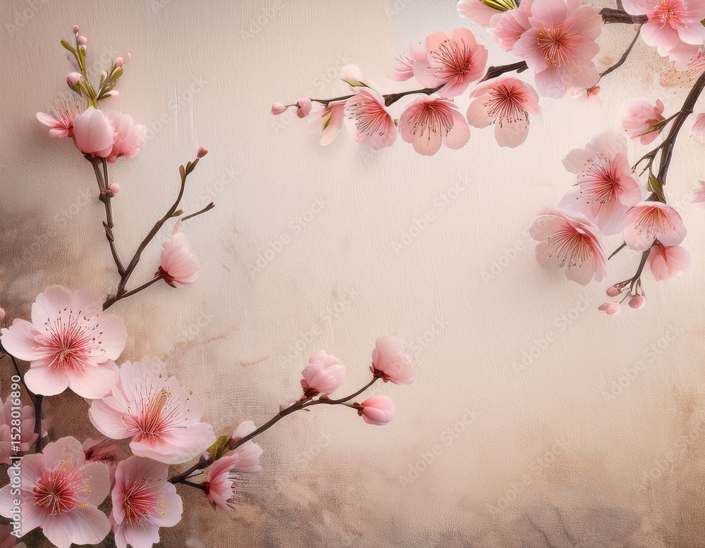 Fototapeta premium cherry blossom branches display vibrant pink flowers against an artistically textured paper background evoking feelings of tranquility and the arrival of springtime