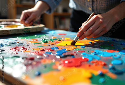 Close-up of hands assembling colorful jigsaw puzzle pieces on a table