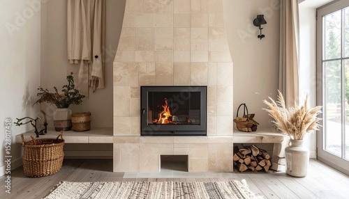 Wallpaper Mural beige ceramic tiled stove in modern cottage interior vintage style Torontodigital.ca