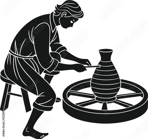 Retro cartoon illustration of a woman worker's hands at a potter's wheel