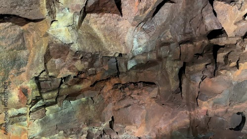 Inside Thrihnukagigur volcano with lava rock formations.