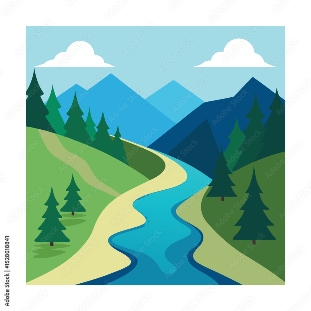 Fototapeta premium Mountain Valley River with Pine Trees – Flat Nature Illustration