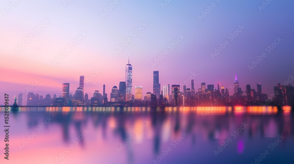 Fototapeta premium Stunning panoramic view of the New York City skyline at sunrise, reflecting on calm water. Modern architecture, urban landscape, cityscape.