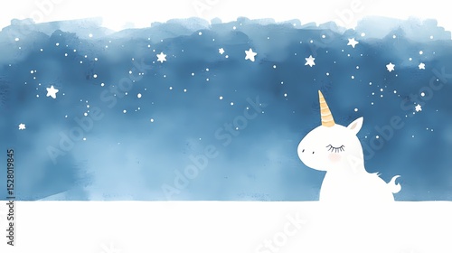 Watercolor illustration of a cute unicorn under a starry night sky. Perfect for children's books, cards, and magical designs.