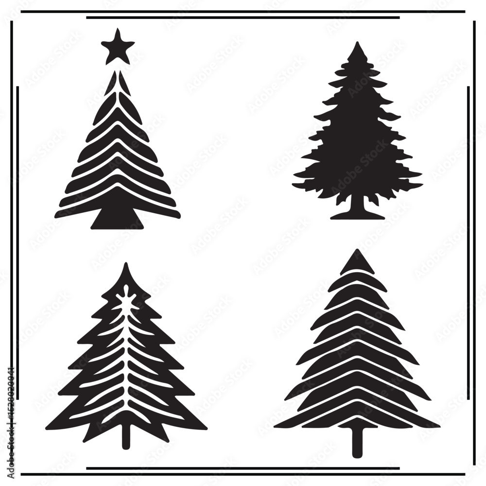Obraz premium Modern Christmas Tree Silhouette Vector Set – Minimal Black Holiday Tree Icons with Stars and Bold Shapes, Perfect for Cards, Crafts, Stickers, 