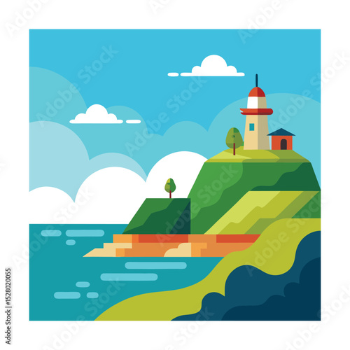 "Minimalist Coastal Landscape with Lighthouse on Cliff – Flat Vector Illustration"

