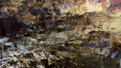 Inside Thrihnukagigur volcano with lava rock formations.